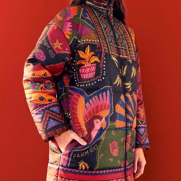 Farm Rio Crazy Mix Reversible Puffer Jacket Dopamine Tropical - Picture 5 of 13